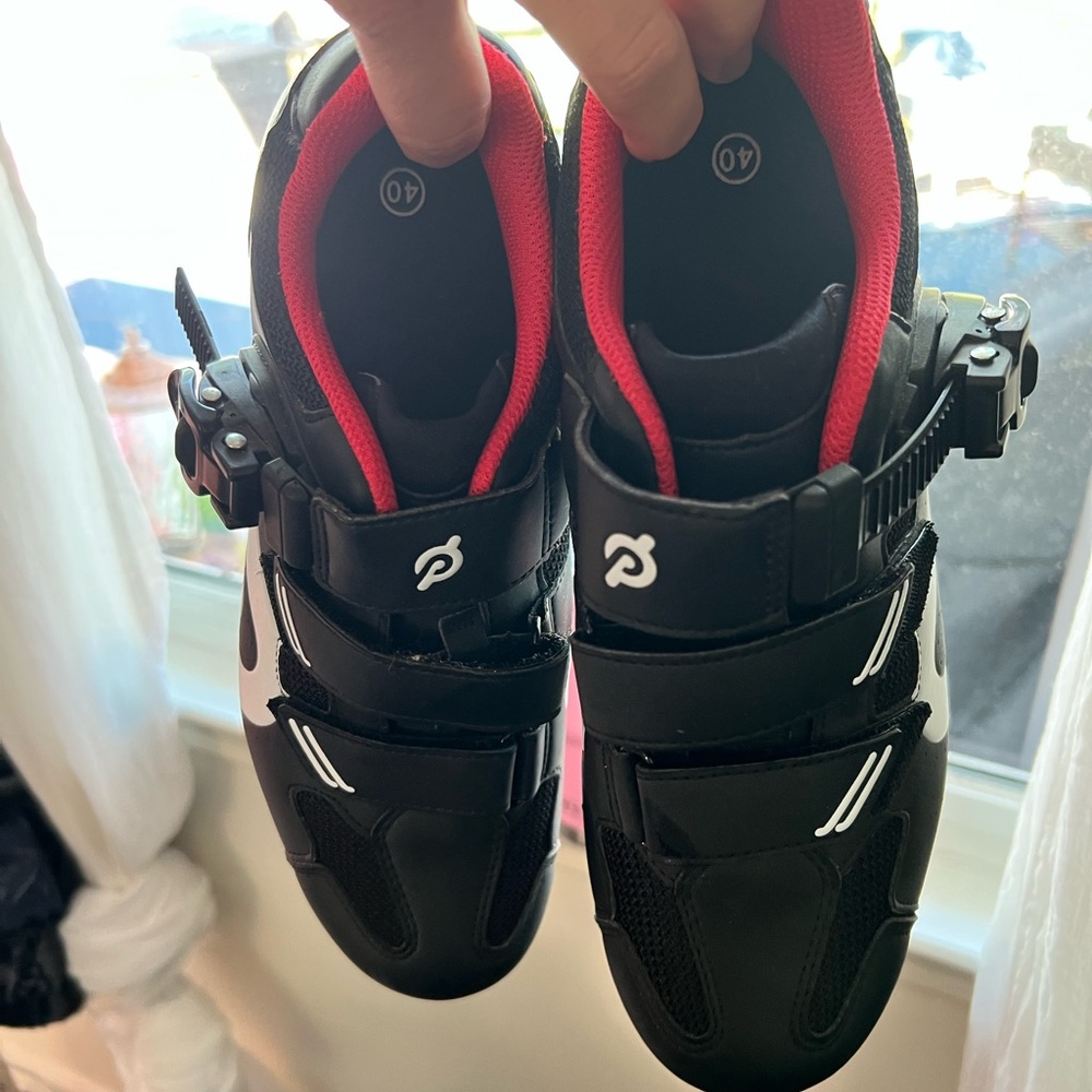 Peloton Black Cycling Shoes with Red Accents